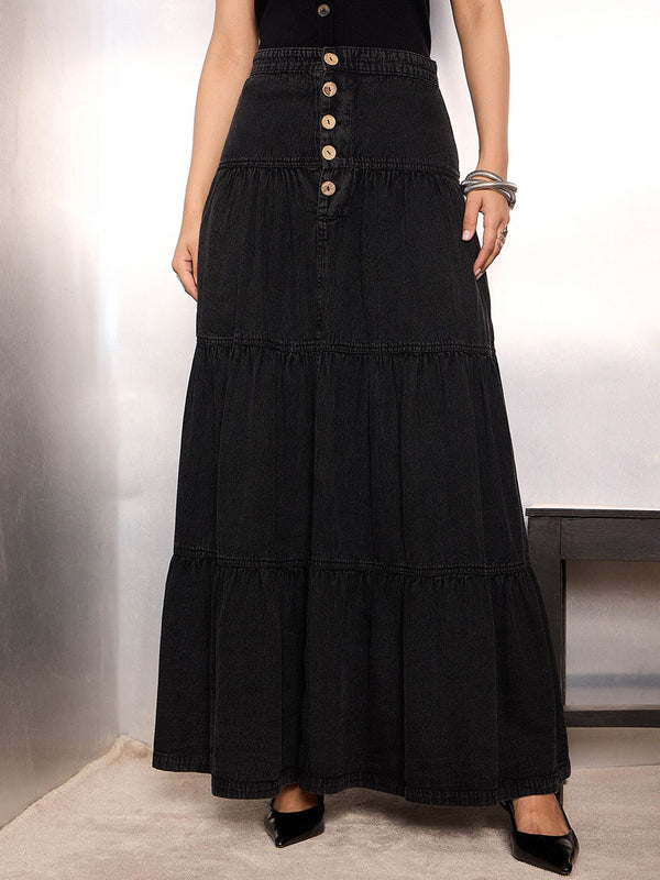 SASSAFRAS Women Denim Flared Maxi Skirts
