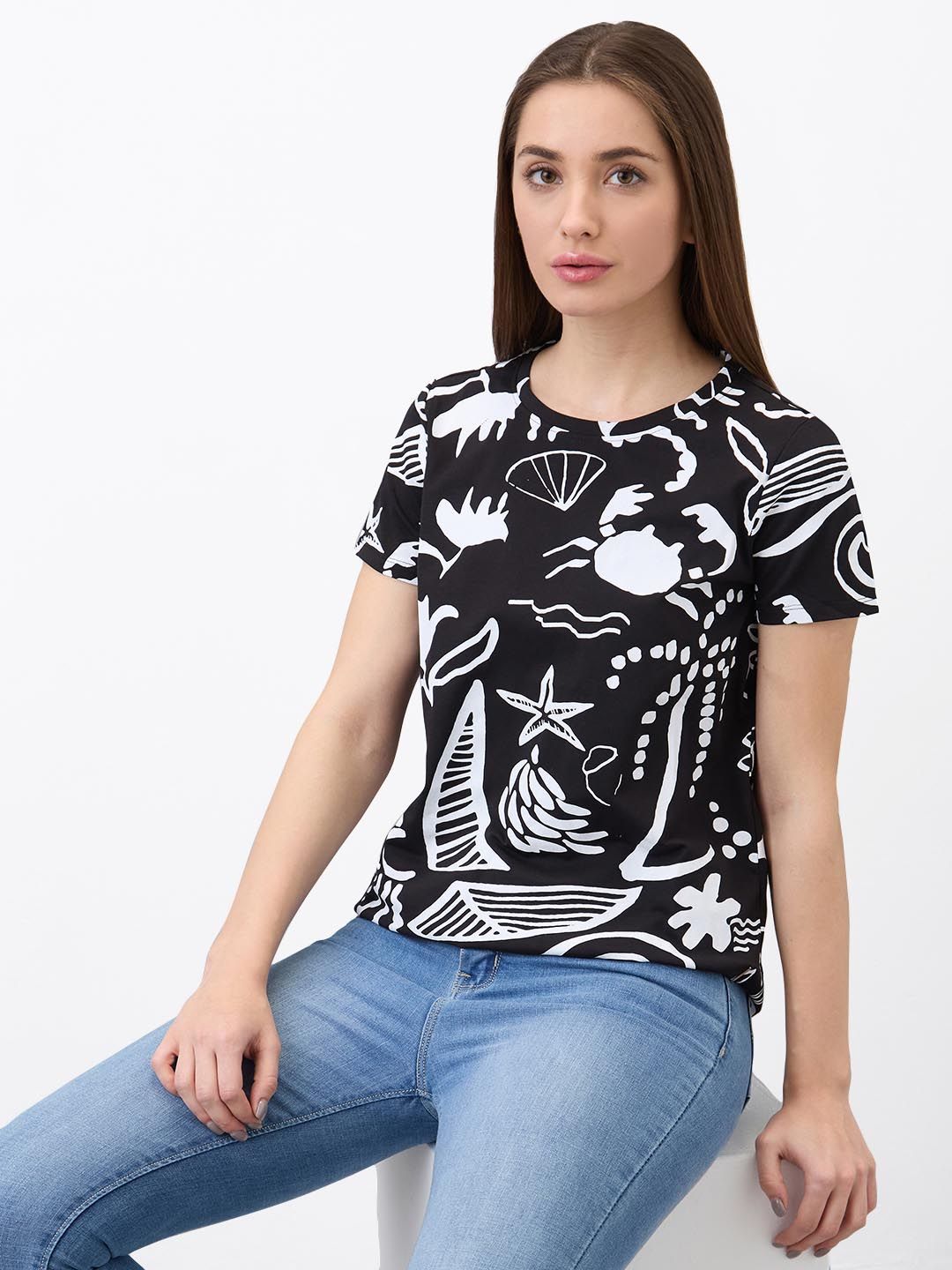 SPYKAR Women Regular Fit Abstract Printed Round Neck Cotton T-shirt