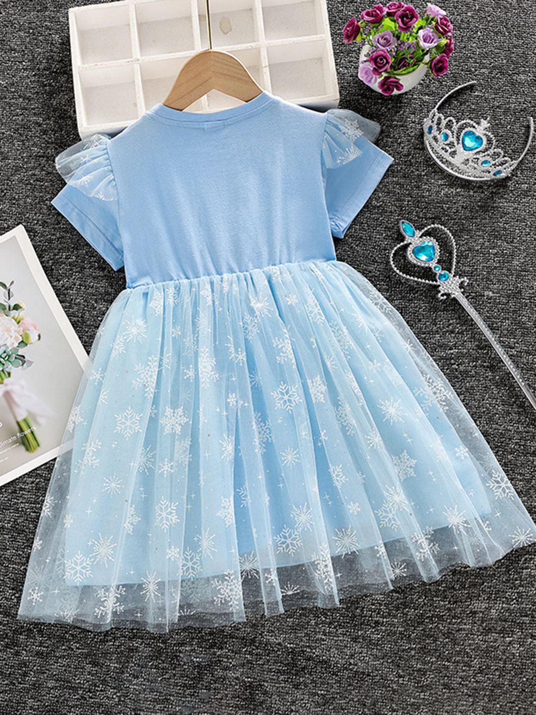 YK Girls Elsa Print Round Neck Tulle Fit & Flare Dress