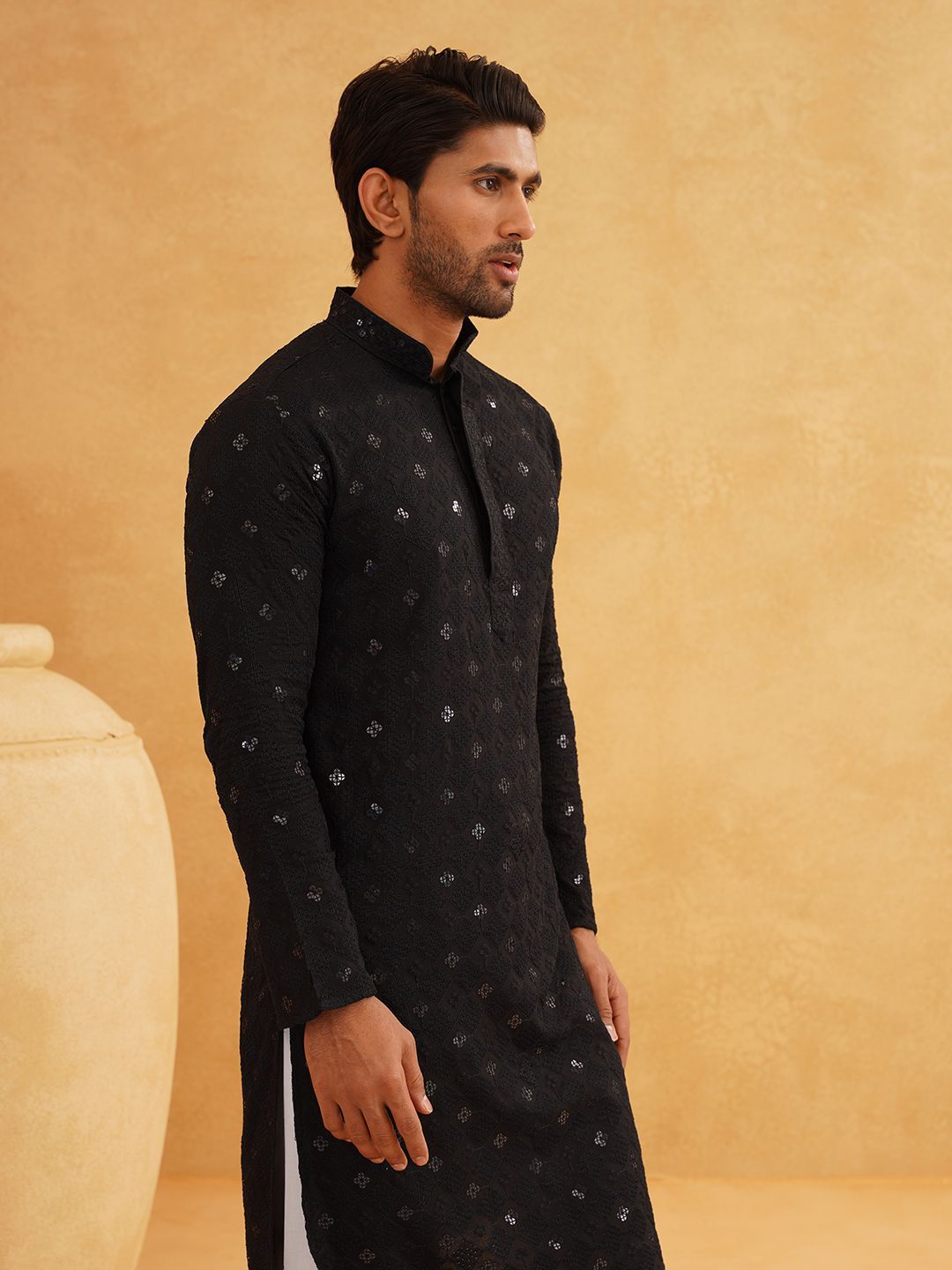 SOJANYA Motif Etnik Bersulam Kolar Mandarin Labuci Kapas Tulen Kurta Lurus