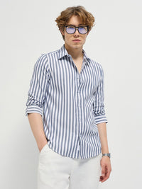 THE BEAR HOUSE Men Spread Collar Vertical Striped Cotton Casual Shirt