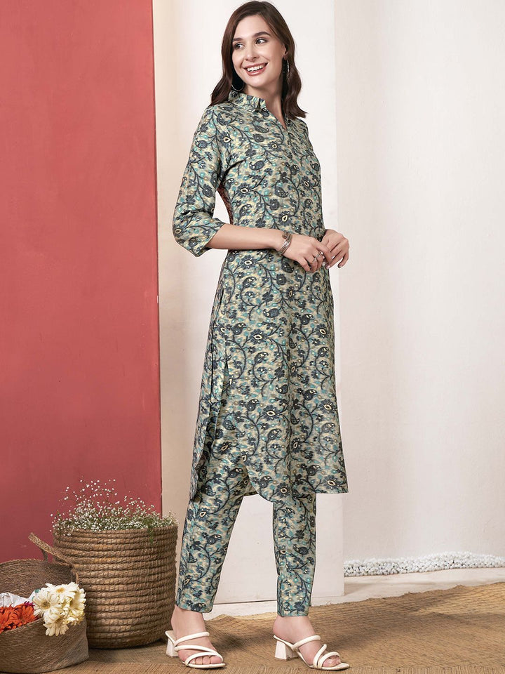 Anouk Floral Printed Shirt Collar Kurta With Trouser