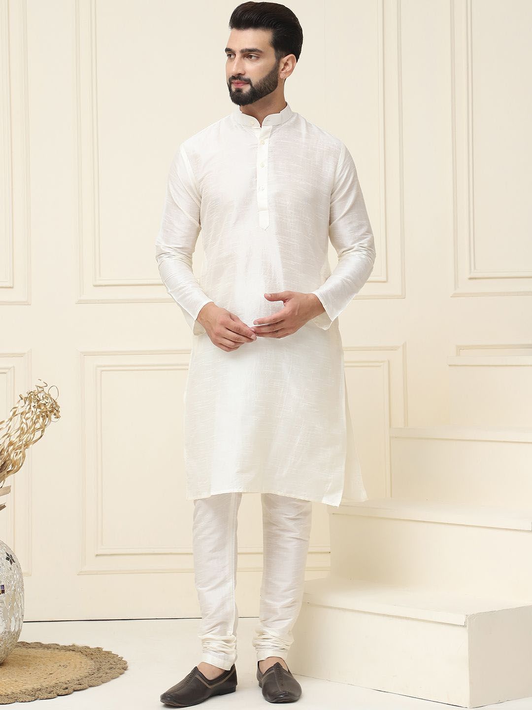 SOJANYA Mandarin Collar Silk Cotton Straight Kurta with Churidar