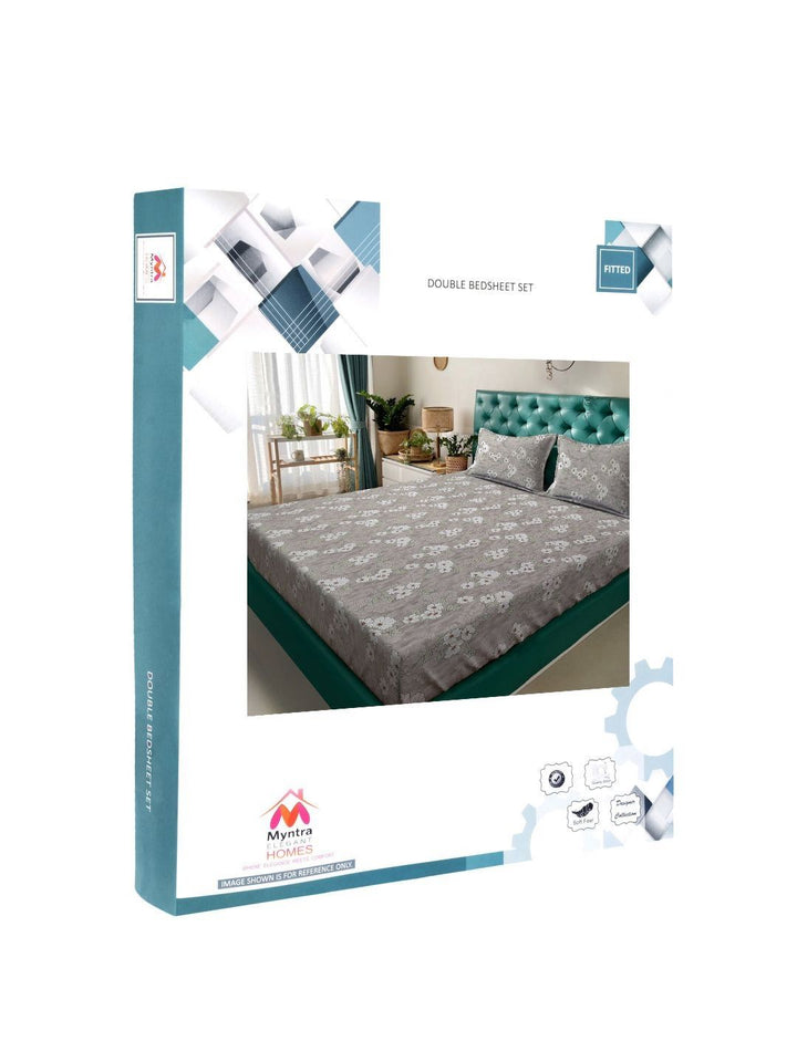 Myntra Elegant Homes Grey Floral Pure Cotton 400 TC Fitted King Superfine Bedsheet dengan 2 Sarung Bantal-98 x 89 inci