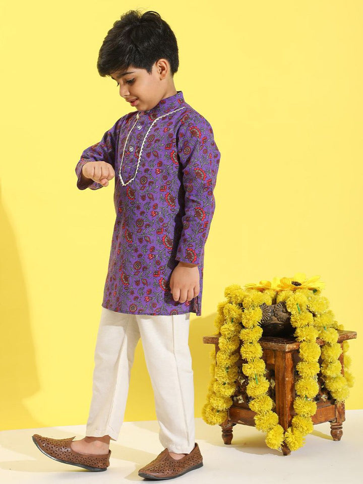 Cutiekins Boys Floral Printed Band Collar Straight Kurta With Pyjamas