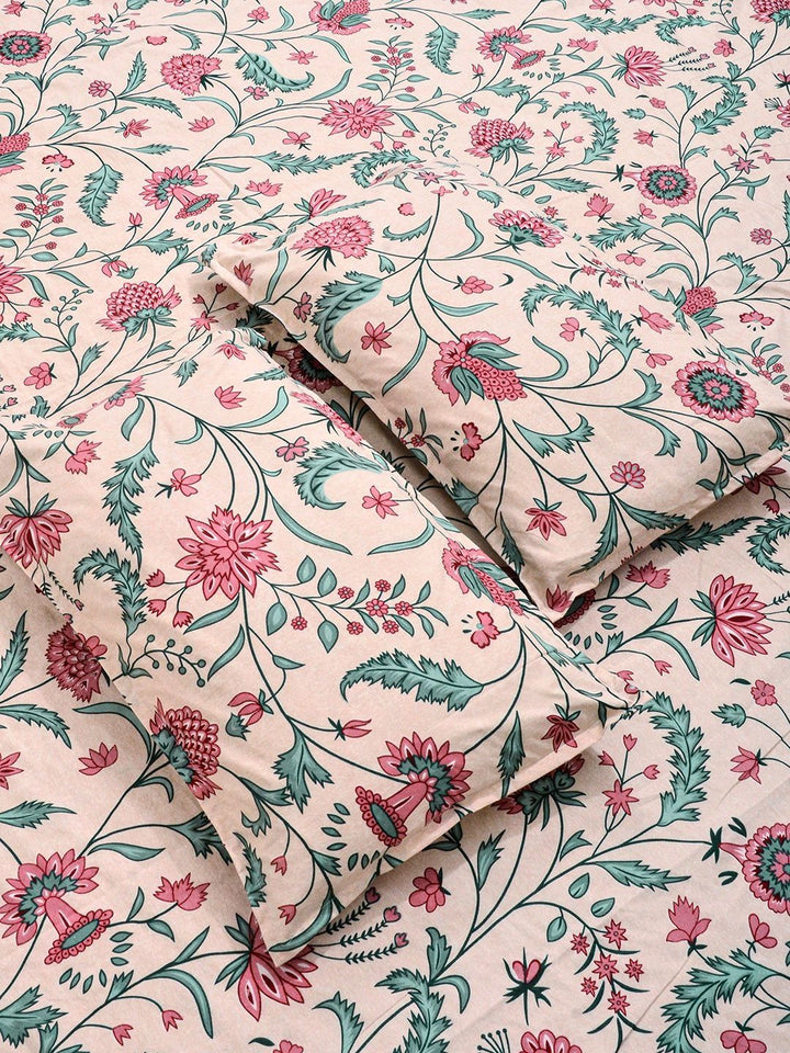 KLOTTHE Beige Floral Printed 300 TC King Bedsheets
