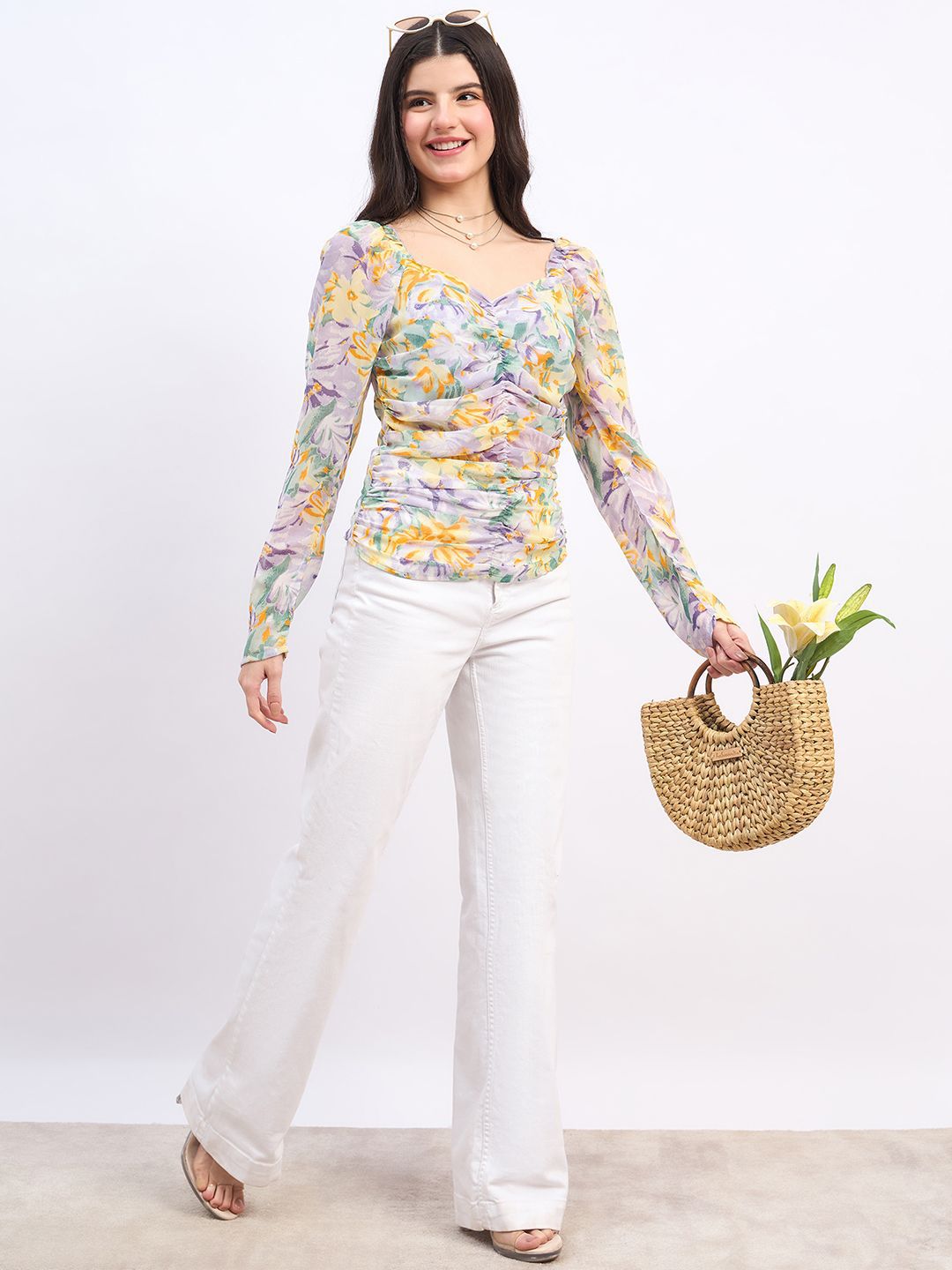 Berrylush Floral Print Sweetheart Neck Puff Sleeve Georgette Top