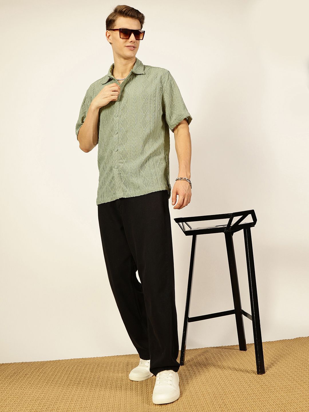 Thomas Scott Men Premium Spread Collar Textured Oversized Casual Shirt