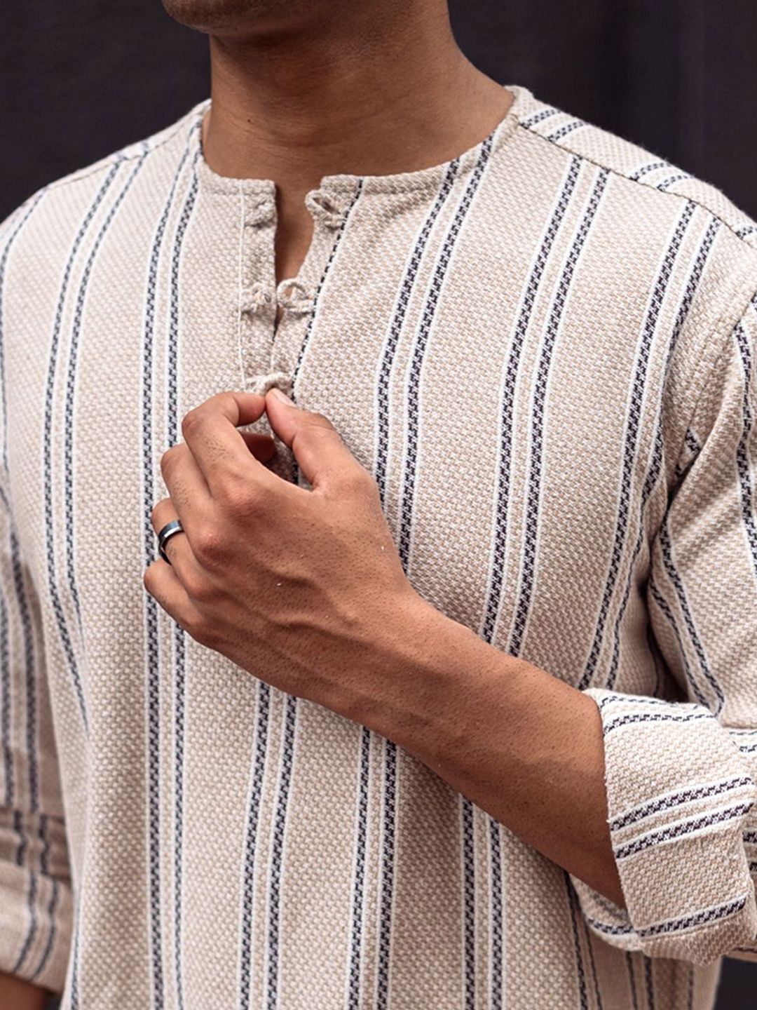 Powerlook Men Collarless Vertical Striped Cotton Casual Shirt