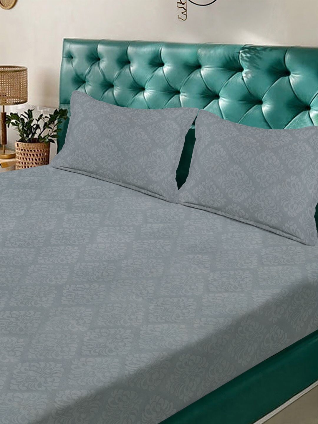 KLOTTHE Grey Floral Embosed Printed Fitted 400TC Super King Bedsheet & 2 Pillow Cover