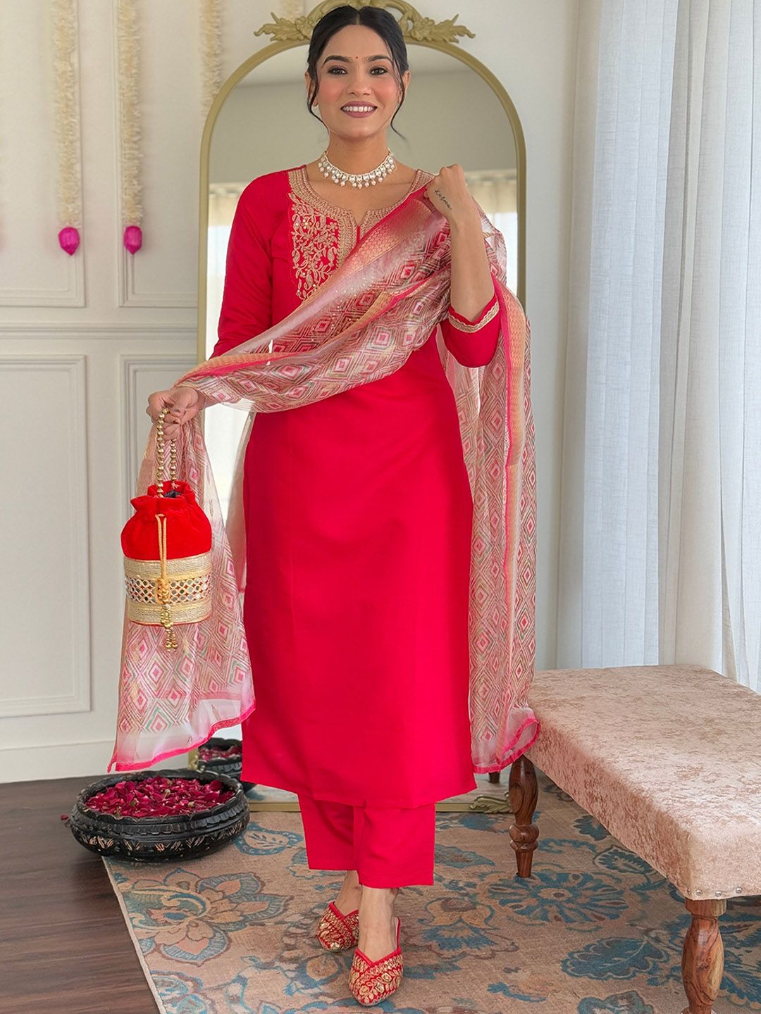 KALINI Women Floral Embroidered Regular Kurta with Trousers & With Dupatta