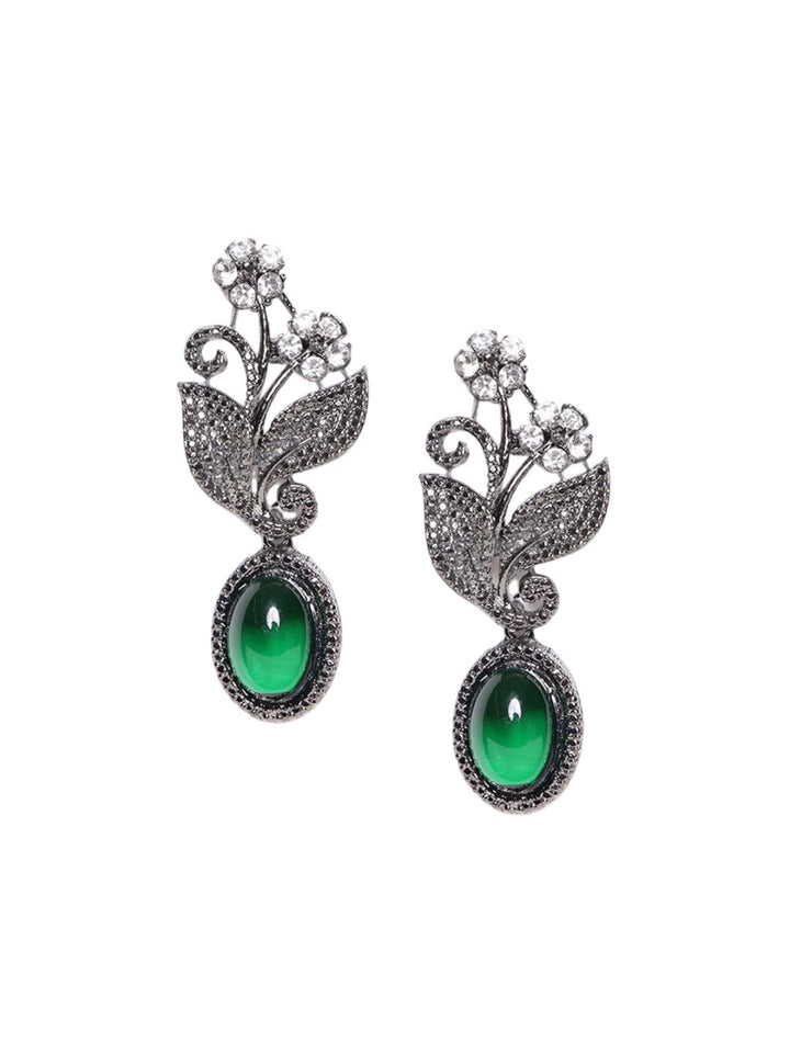 PANASH Silver-Plated Cubic Zirconia Studded Leaf Shaped Oxidised Drop Earrings