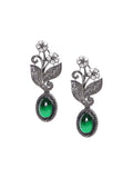 PANASH Silver-Plated Cubic Zirconia Studded Leaf Shaped Oxidised Drop Earrings