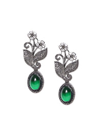 PANASH Silver-Plated Cubic Zirconia Studded Leaf Shaped Oxidised Drop Earrings