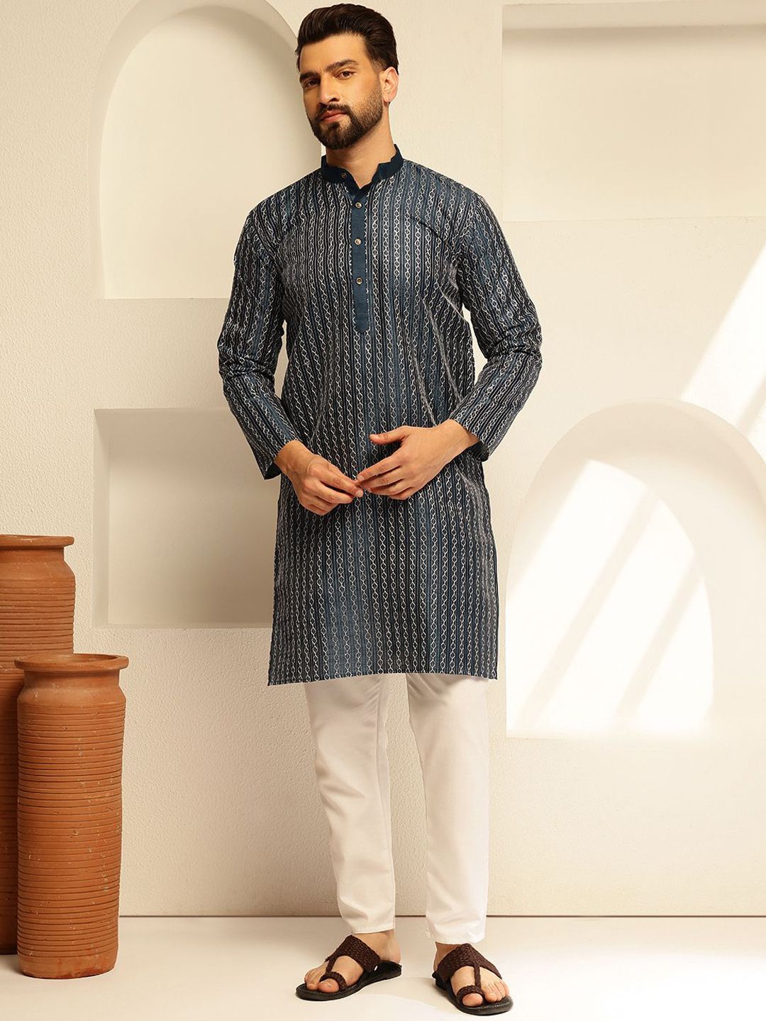 SOJANYA Geometric Embroidered Band Collar Thread Work Straight Cotton Silk Kurta