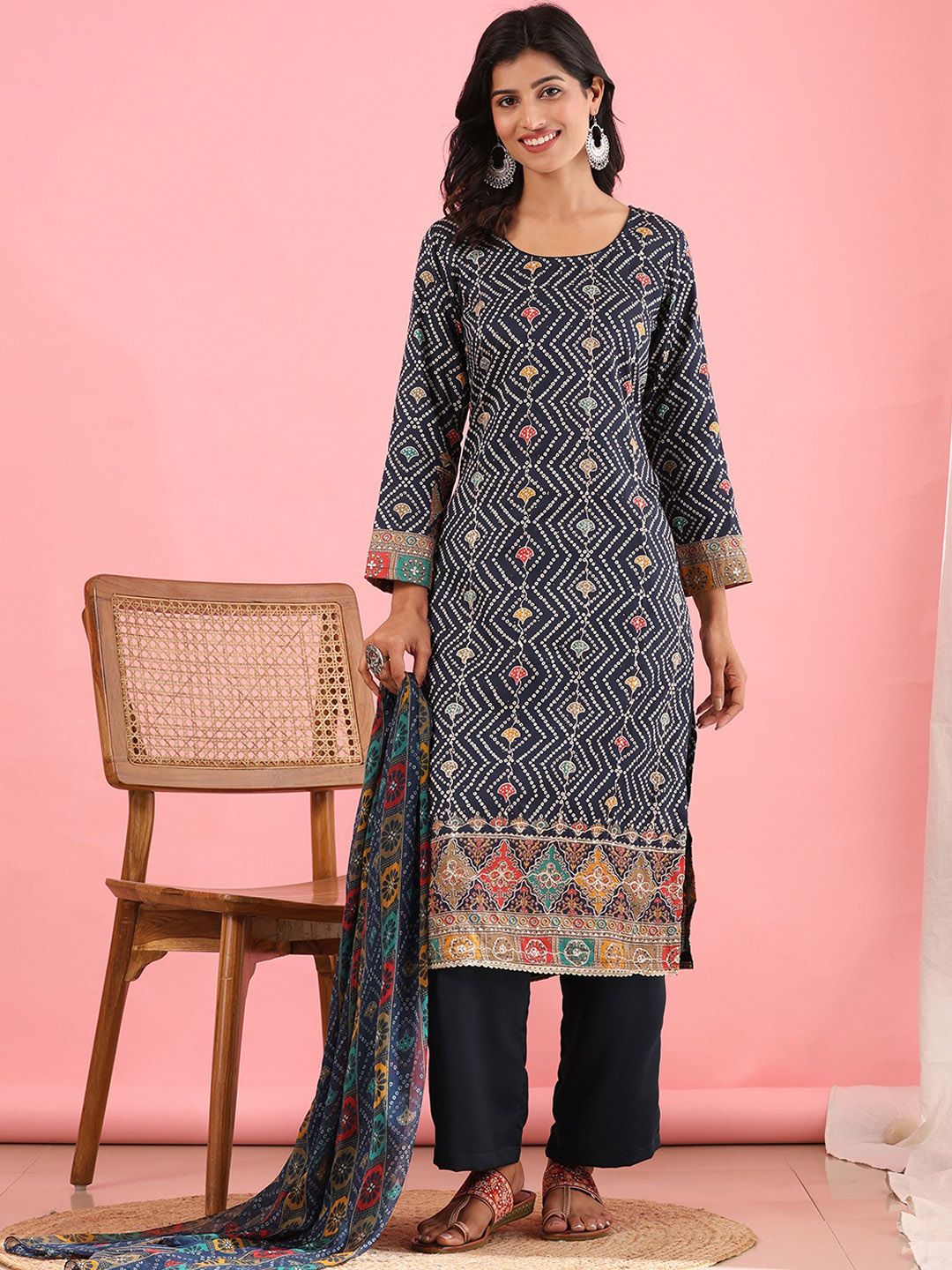 Mamicha Women Bandhani Printed Regular Pure Cotton Kurti with Palazzos & With Dupatta