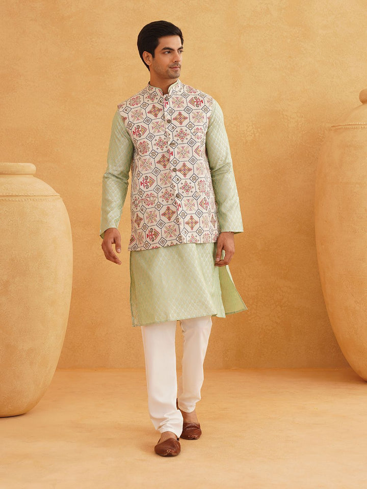 SOJANYA Motif Etnik Reka bentuk tenunan Kurta Kolar Mandarin Dengan Jaket Churidar Dan Nehru