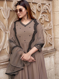 Tikhi Imli Nude Floral Embroidered Thread Work Georgette Kurta With Trouser & Dupatta