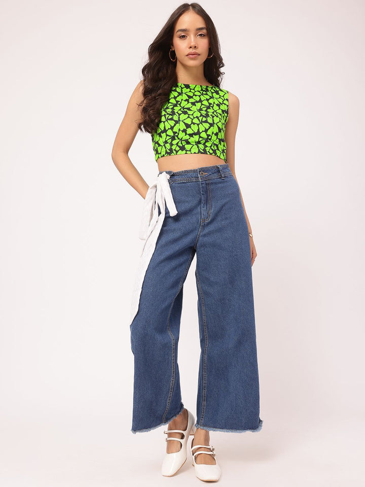 DressBerry Cyber Lime Bow Chic Floral Print Crop Top