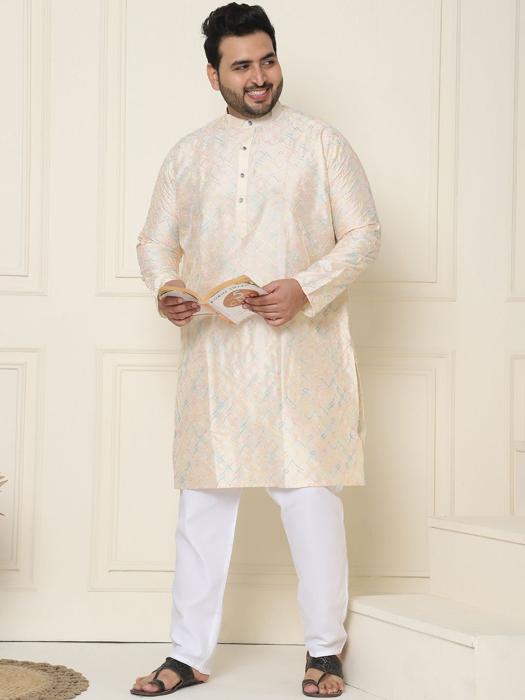 SOJANYA PLUS Geometric Embroidered Thread Work Silk Cotton Straight Kurta with Pyjamas