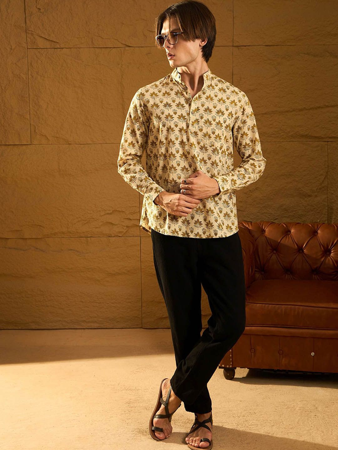 Dennison Floral Block dicetak kapas kolar mandarin pendek kurta pendek