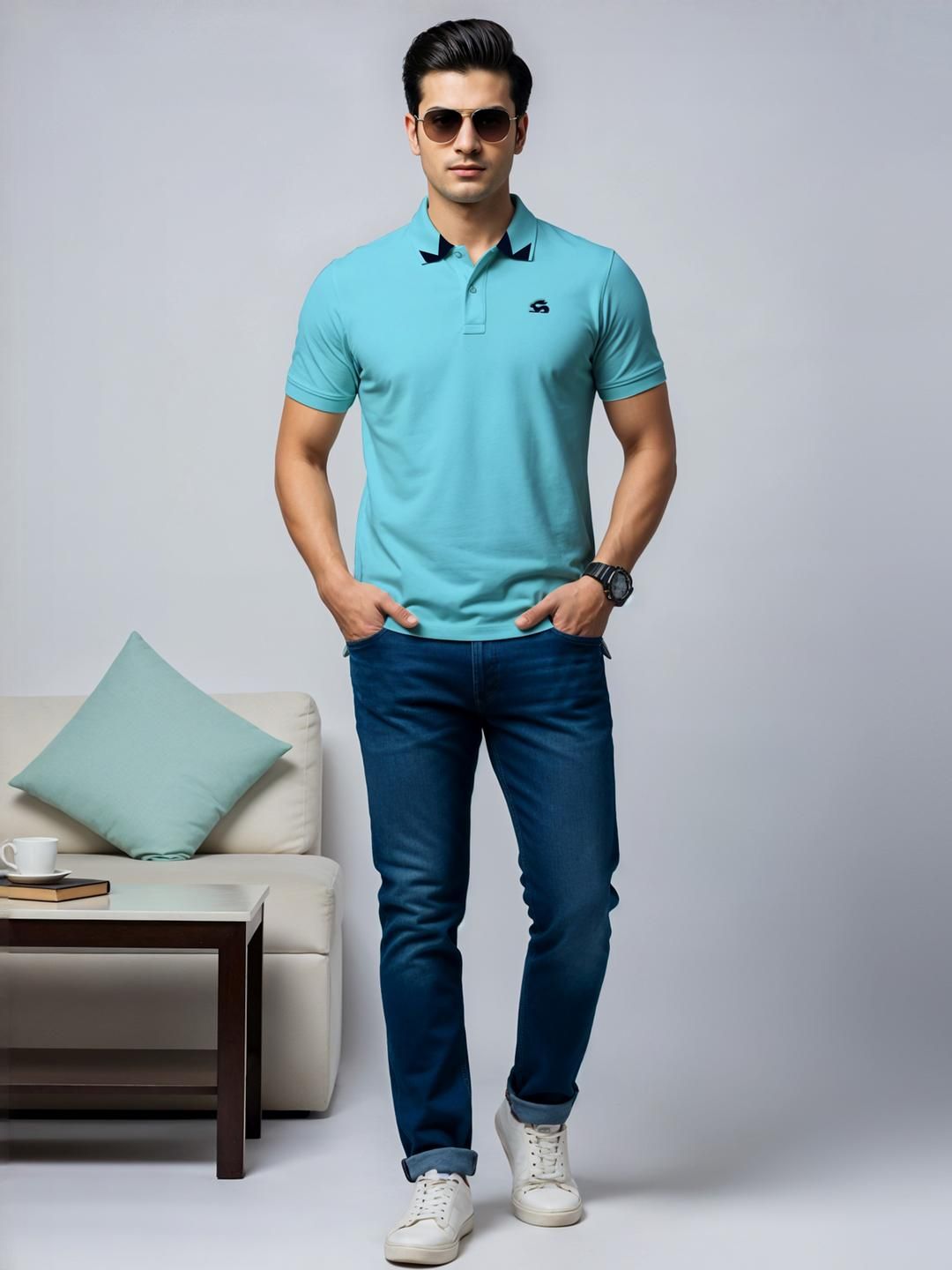 Tshirts ADRO Men Turquoise Blue Cotton