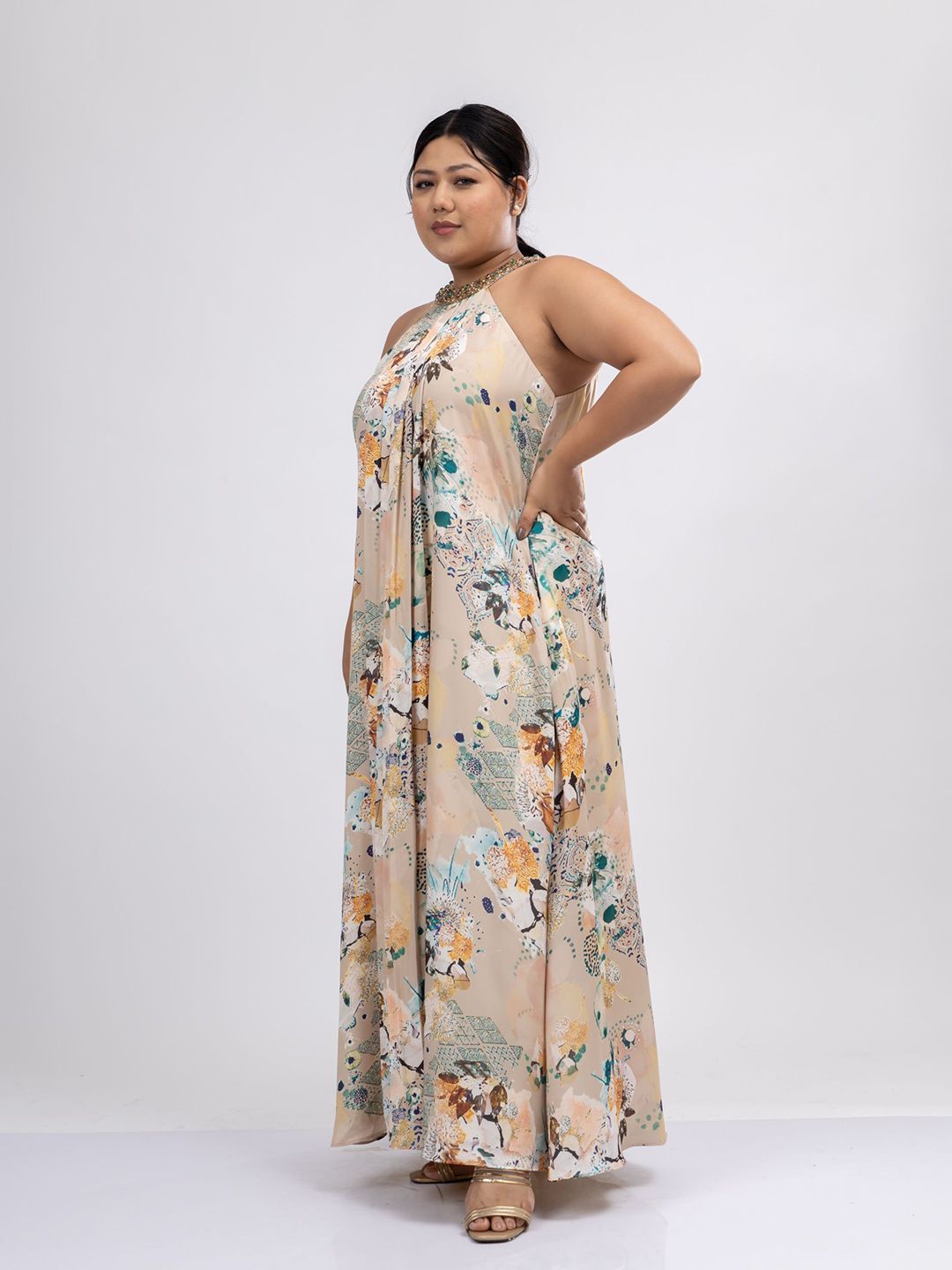 Pakaian Maxi Satin Leher Halter Bercetak Bunga Mamicha Wanita