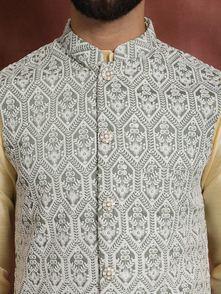 Anouk Ethnic Motifs Thread Work Straight Kurta with Churidar & Nehru Jacket