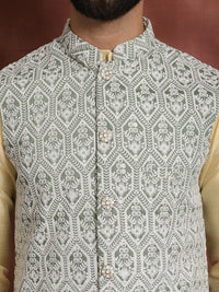 Anouk Ethnic Motifs Thread Work Straight Kurta with Churidar & Nehru Jacket