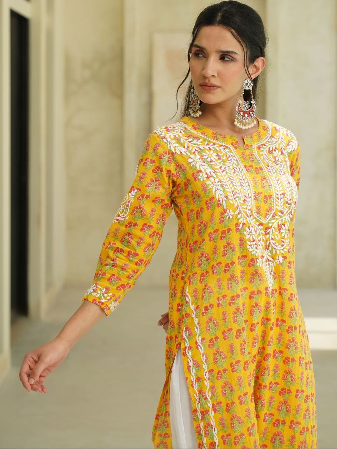 Rumah Wanita Chikankari Motif Etnik Sulam Benang Kerja Cetakan Indie Kurta