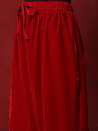 House of Chikankari Women Red Velvet Tilla Embroidered Kurta Set