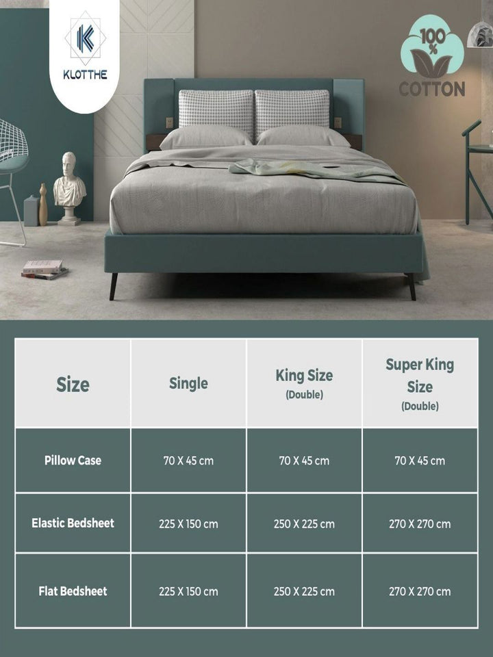 KLOTTHE Turquoise Blue Printed 400 TC Pure Cotton Fitted Double King Bedsheet Set
