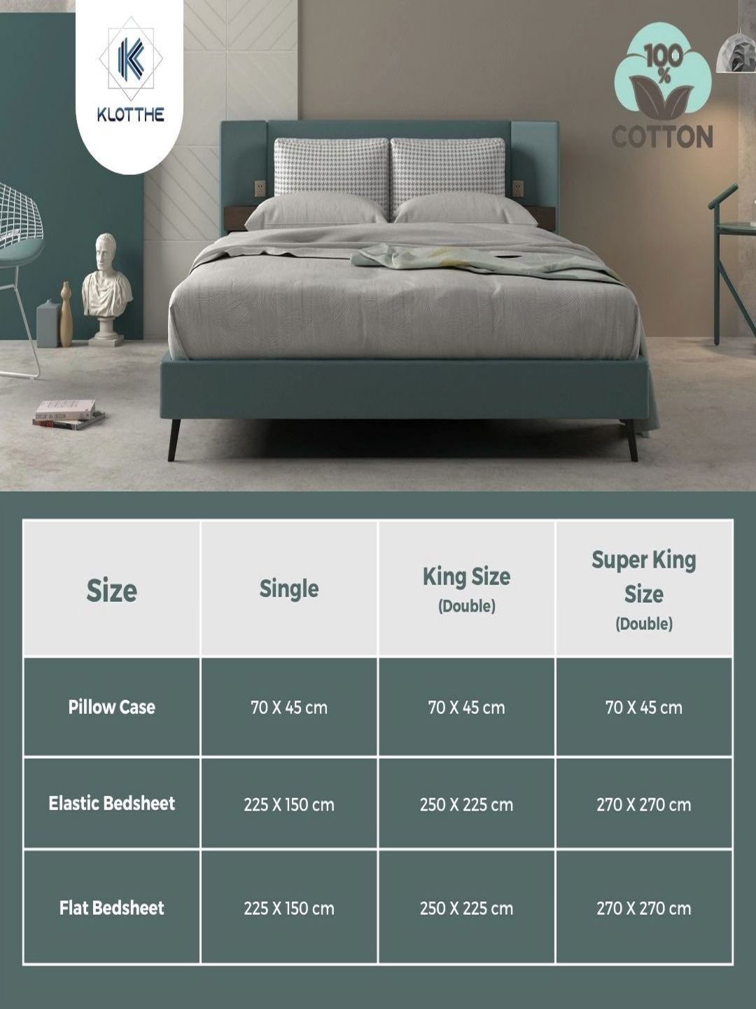 KLOTTHE Turquoise Blue Printed 400 TC Pure Cotton Fitted Double King Bedsheet Set
