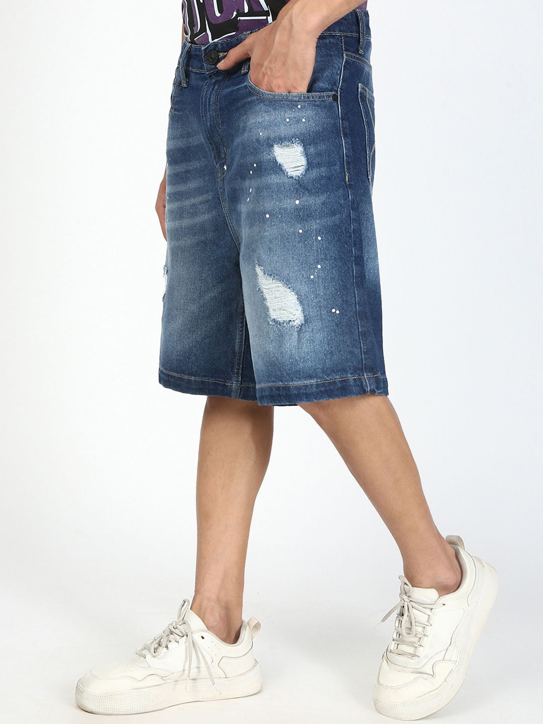 Bene Kleed Men Baggy Fit Paint Splatter Distressed Denim Shorts