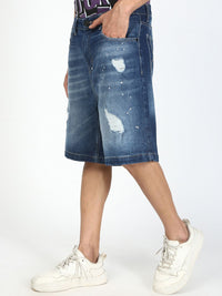 Bene Kleed Men Baggy Fit Paint Splatter Distressed Denim Shorts