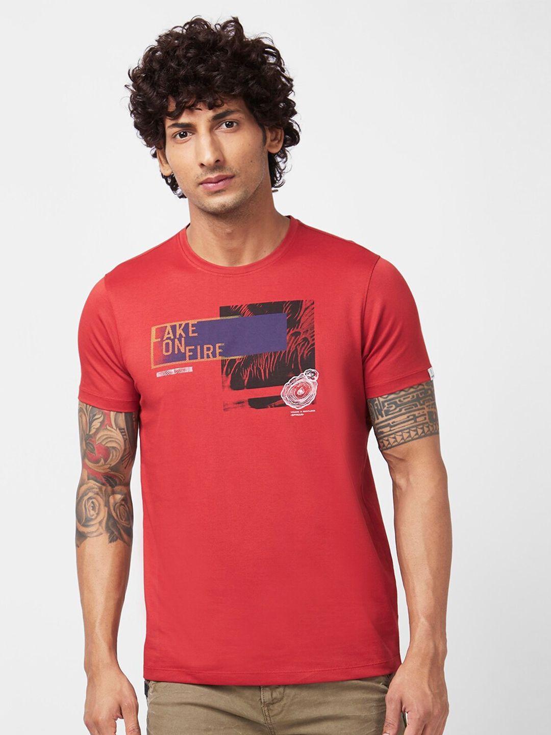 SPYKAR Graphic Printed Slim Fit Cotton T-Shirt