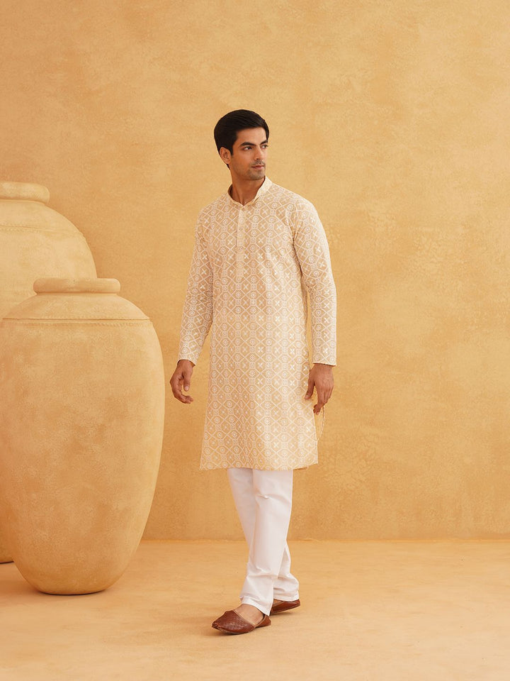 SOJANYA Floral Embroidered Sequinned Band Collar Pure Cotton Kurta With Churidar