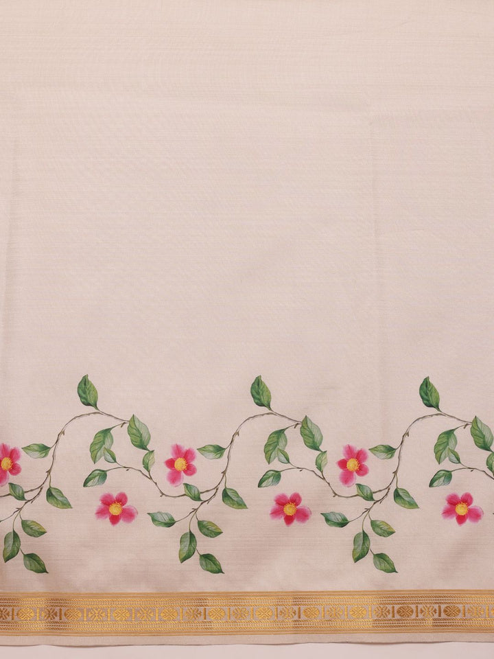 Silk Land Onam Special Floral Printed Kasavu Silk Saree