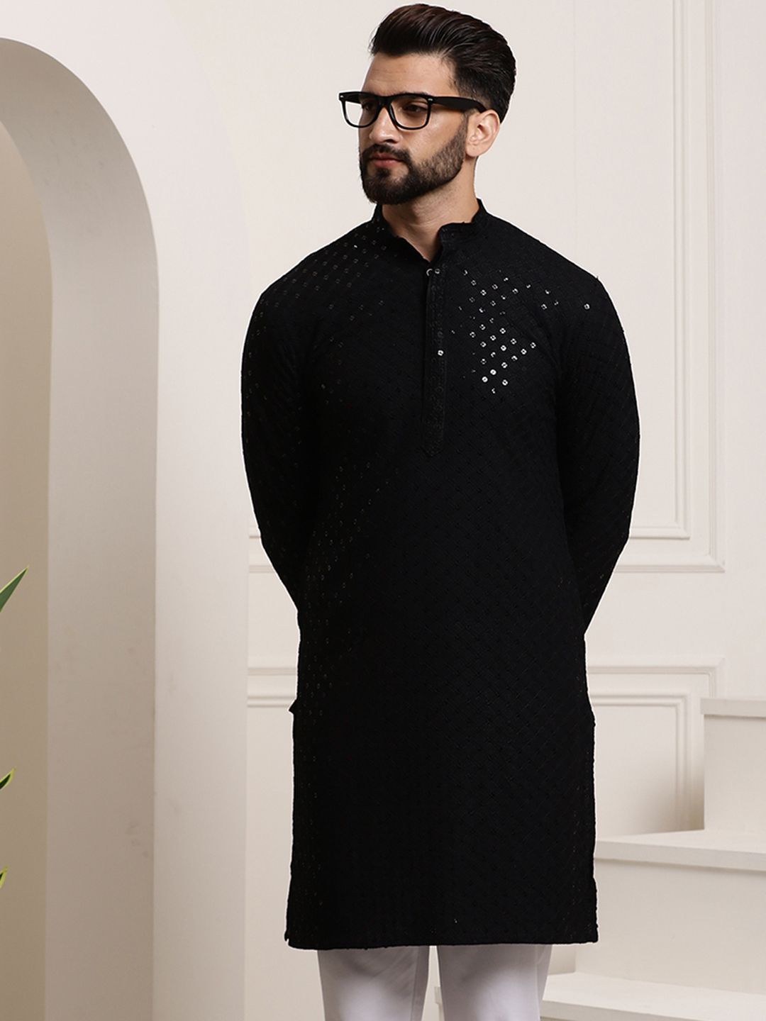 SOJANYA Lelaki Black Thread Work Kurta