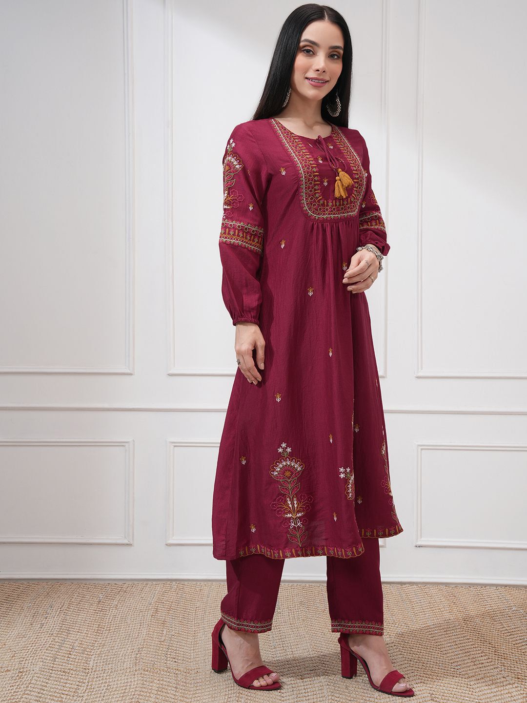 Vishudh Floral Embroidered Tie-Up Neck Thread Work Anarkali Kurta With Trouser And Dupatta