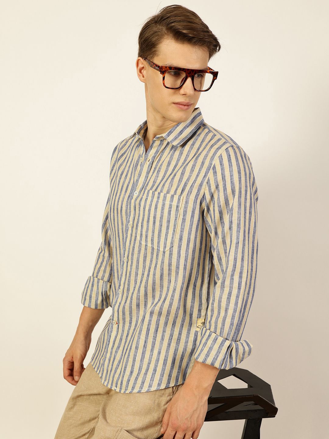 Thomas Scott Men Premium Spread Collar Vertical Striped Linen Slim Fit Casual Shirt