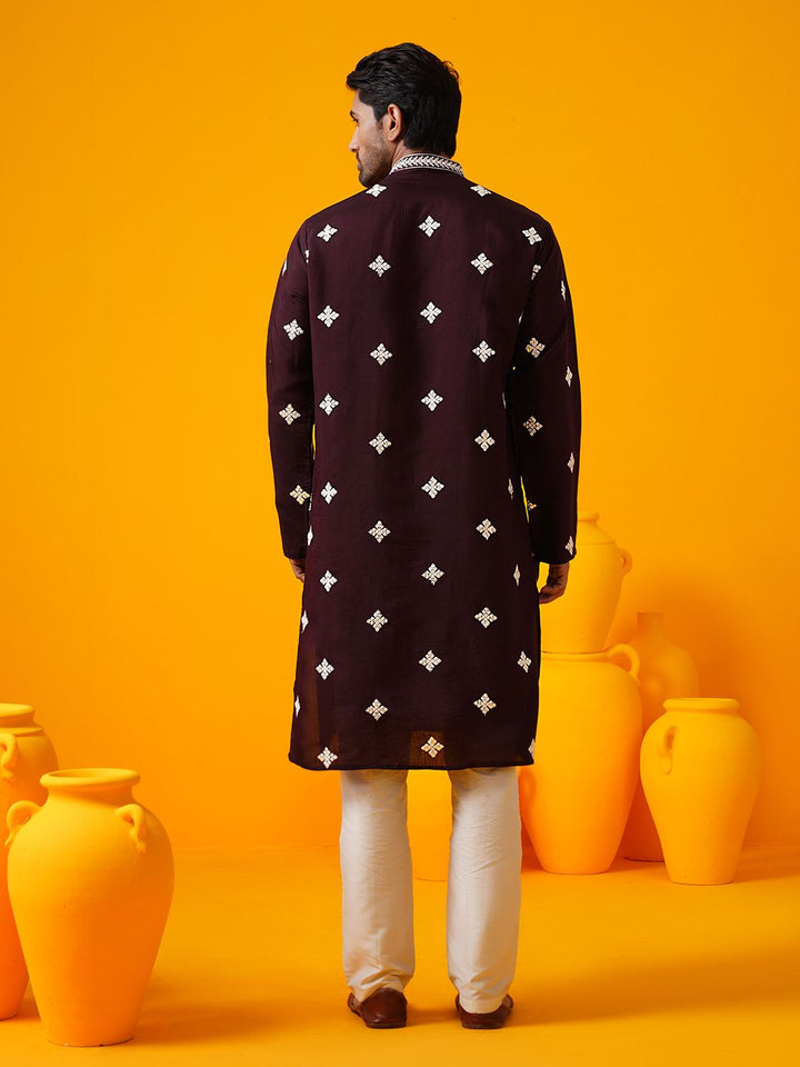 SOJANYA LUXE Kolar Mandarin Sulam Bunga Berlabuci Kurta Lurus Dengan Seluar