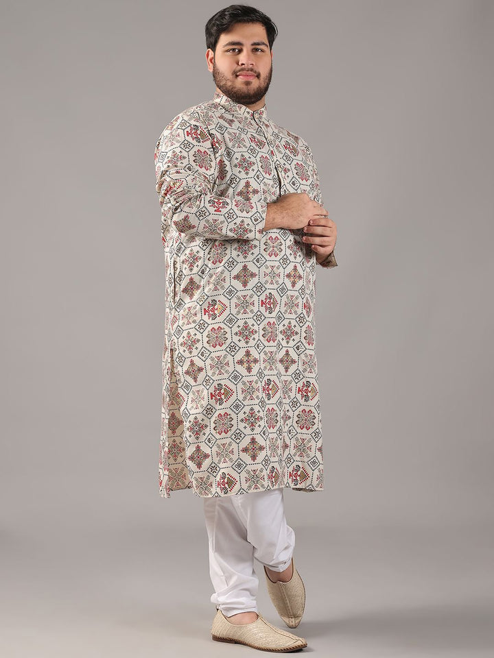 SOJANYA PLUS Size Ethnic Motifs Printed Band Collar Cotton Linen Straight Kurta