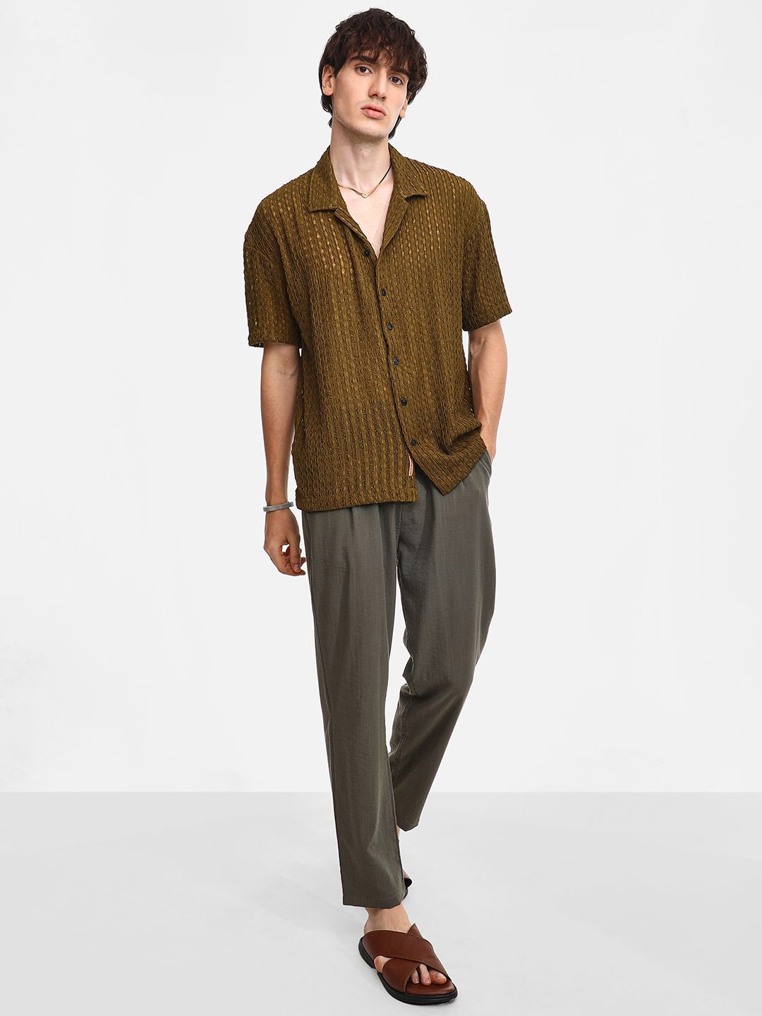 Brown Sheer Relaxed Fit Cuban Collar Casual Shirt