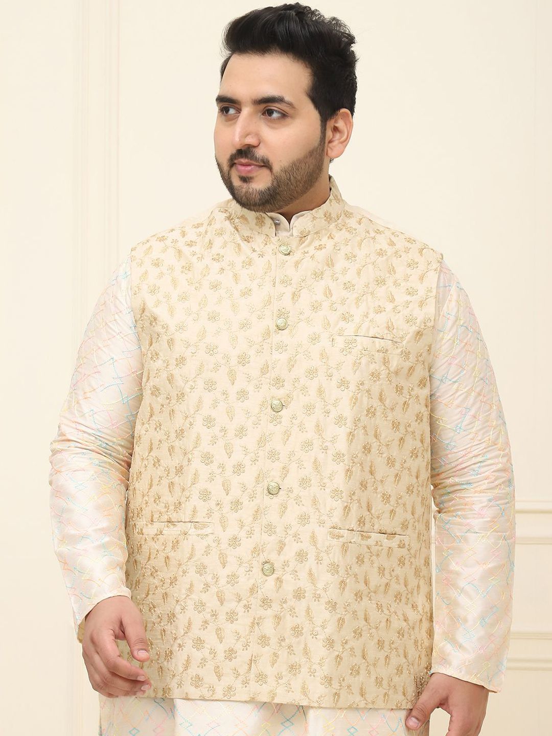 SOJANYA PLUS Lelaki Plus Size Printed Mandarin Collar Nehru Jaket