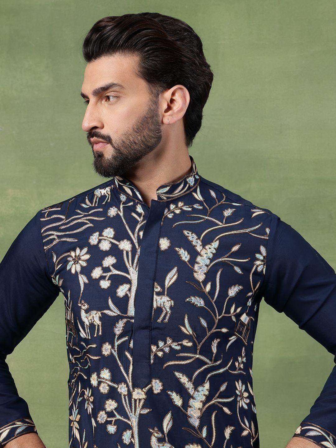 Anouk Men Animal Embroidered Regular Thread Work Pure Cotton Kurta with Pyjamas