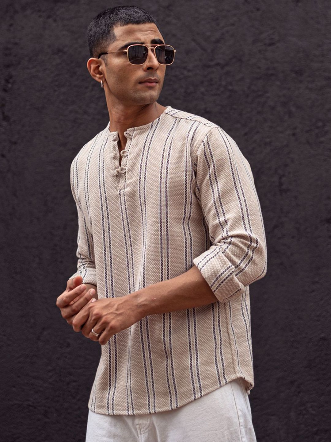 Powerlook Men Collarless Vertical Striped Cotton Casual Shirt