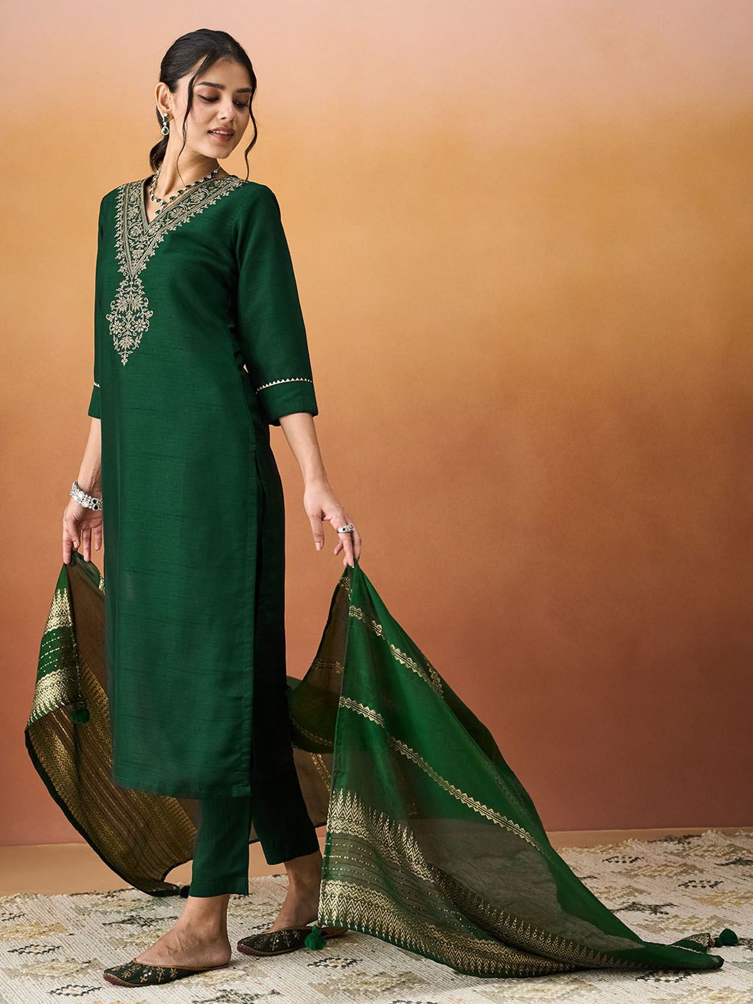 KALINI Ethnic Motifs Embroidered V-Neck Straight Kurta With Trousers & Dupatta