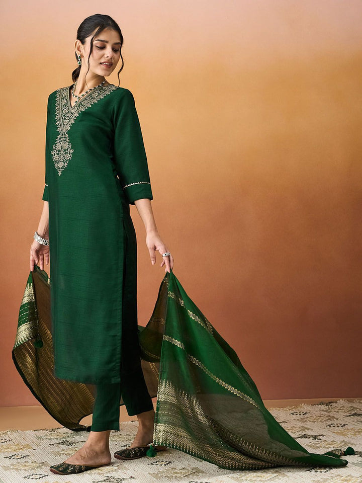 KALINI Ethnic Motifs Embroidered V-Neck Straight Kurta With Trousers & Dupatta