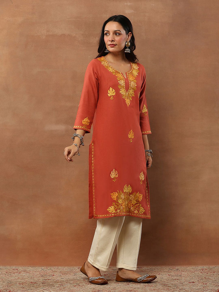 House of Chikankari Women Coral Woollen Aari Embroidered Kurta